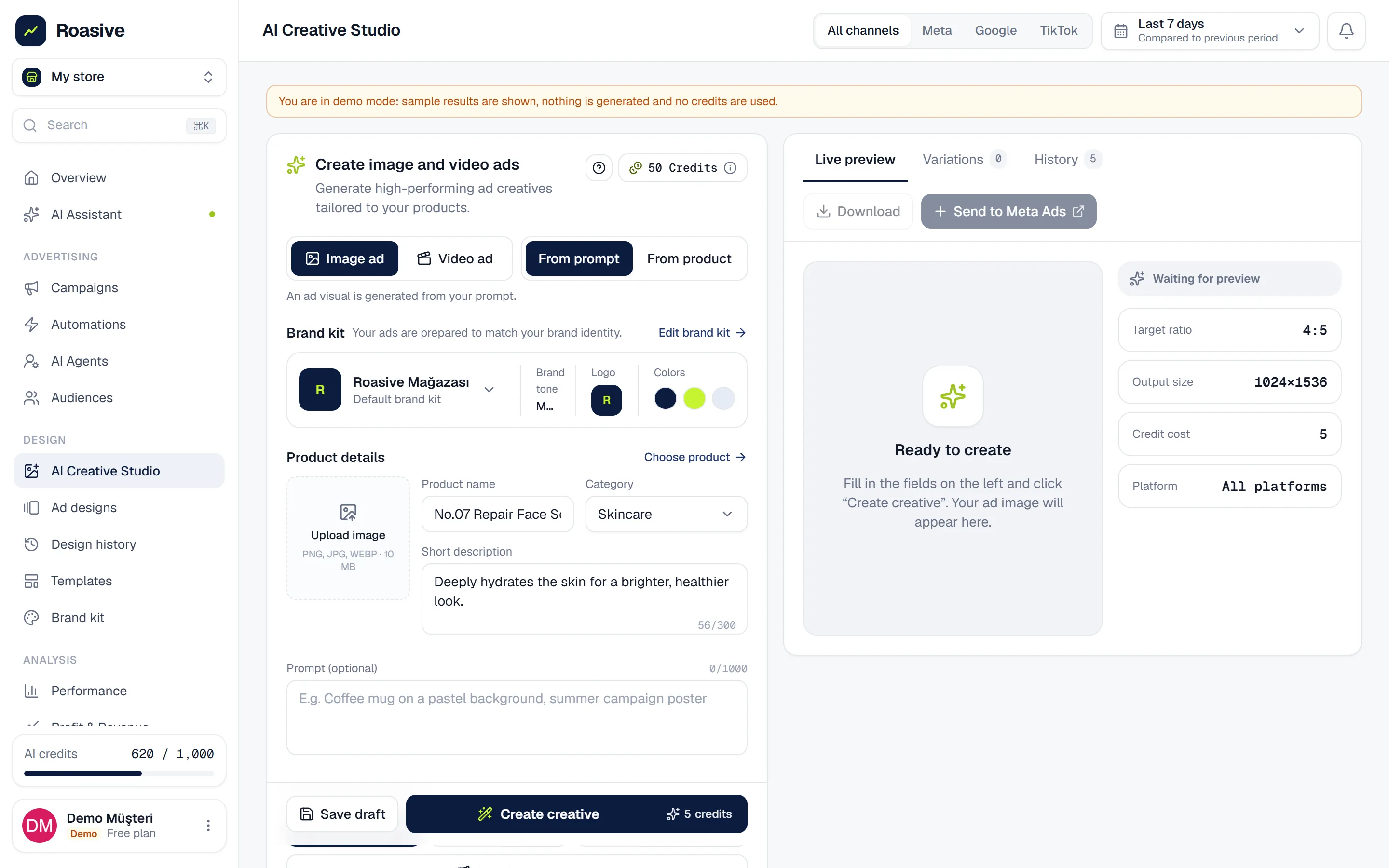 Roasive AI Creative Studio: image and video ad creation form with product details, brand kit and live preview